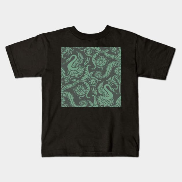 Mint Green on Sage Classy Medieval Damask Swans Kids T-Shirt by JamieWetzel